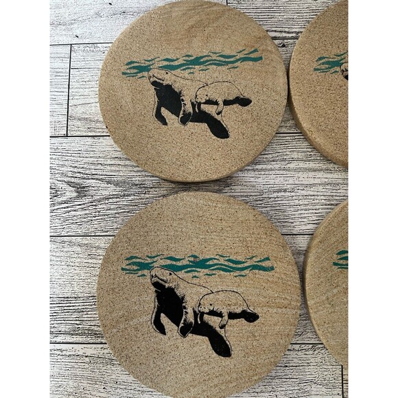 Vintage Thirsty Stone Manatee Sandstone Coasters Set of 4 Cork Backing 2000 - Picture 5 of 9